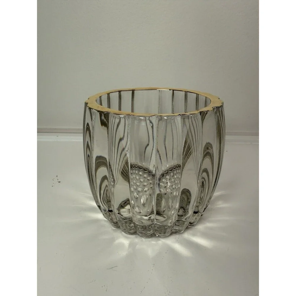Vintage Jeannette National Clear Glass Sugar Bowl Gold Trim Ribbed Hobnail Base